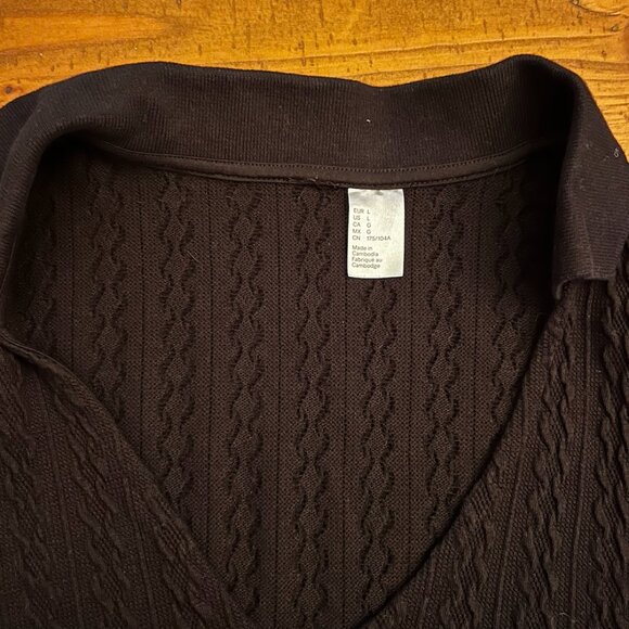 Black Cable Knit Sweater Dress | Collared V-Neck | Size Large - Picture 3 of 3